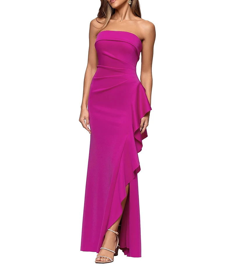 Xscape Suba Strapless Ruched Side Ruffle Sheath Dress