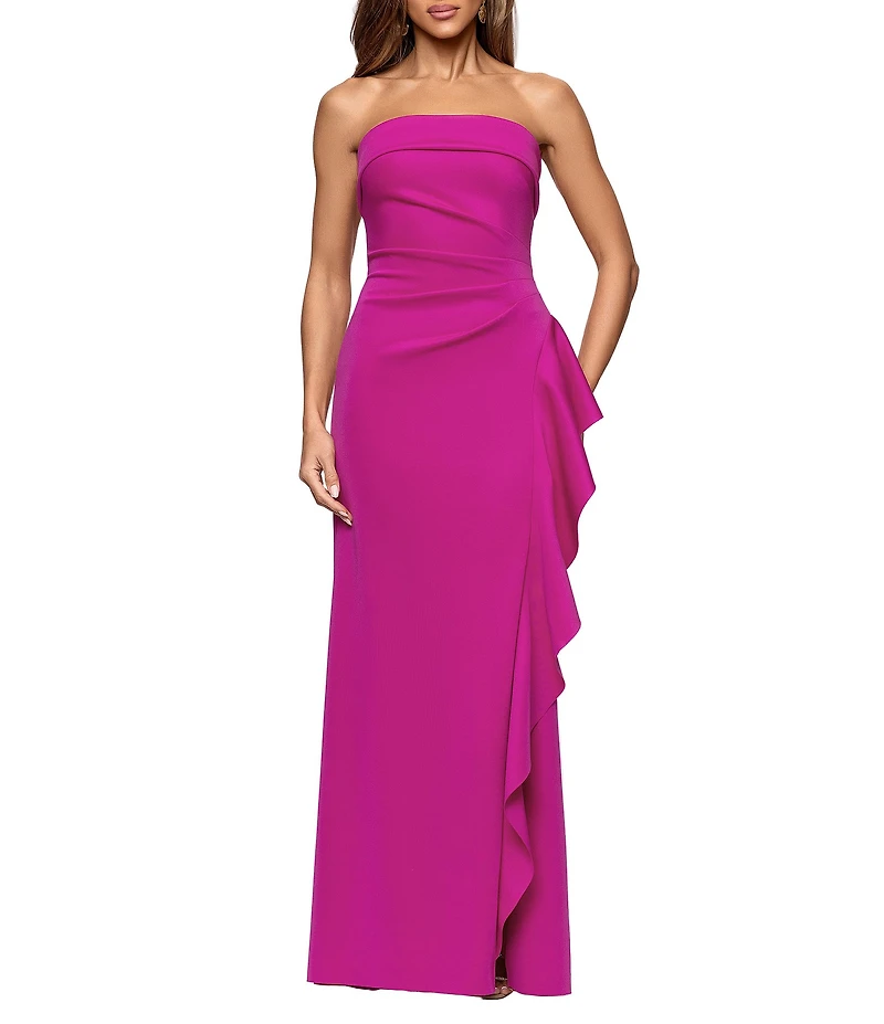 Xscape Suba Strapless Ruched Side Ruffle Sheath Dress