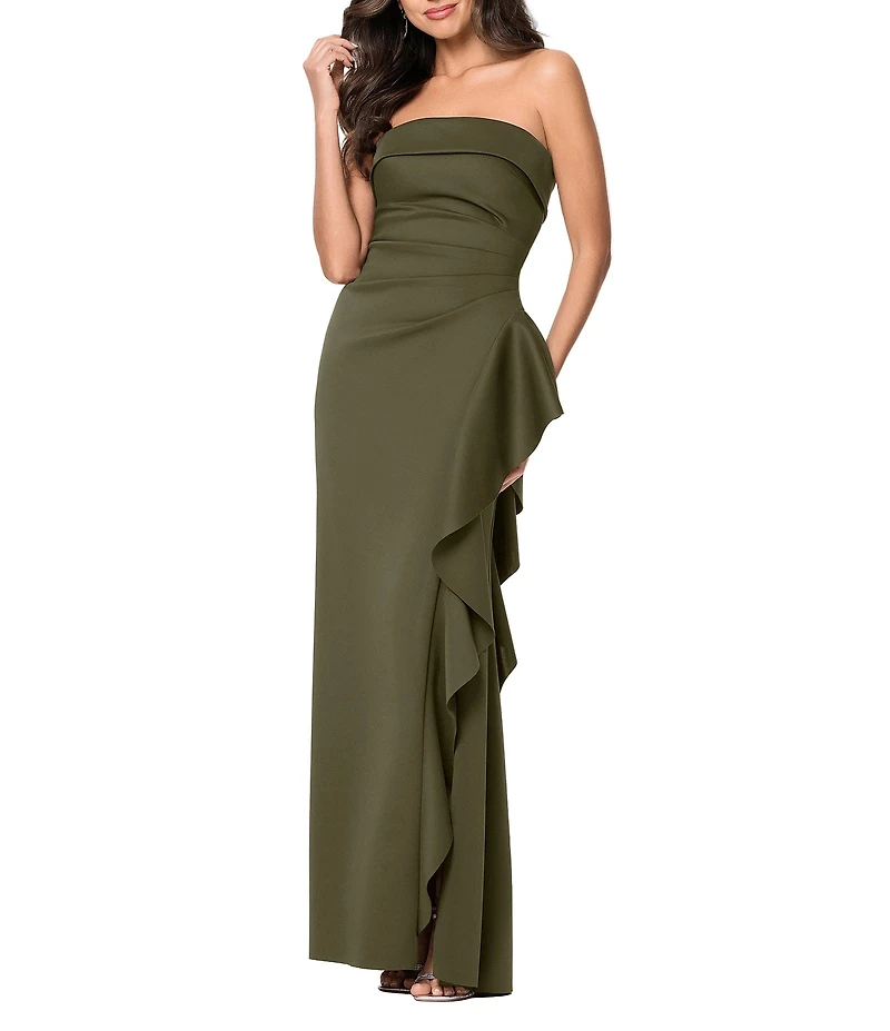 Xscape Suba Strapless Ruched Side Ruffle Sheath Dress