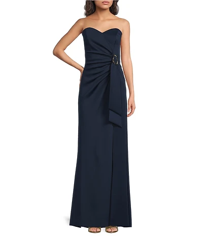 Xscape Tech Scuba Strapless Sweetheart Neckline Side Hardware Ruched Sheath Long Dress