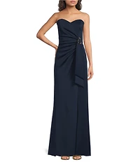 Xscape Tech Scuba Strapless Sweetheart Neckline Side Hardware Ruched Sheath Long Dress