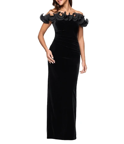 Xscape Velvet Off the Shoulder Ruffle Gown