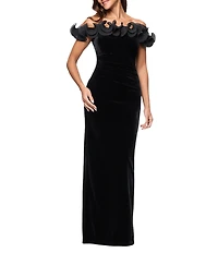 Xscape Velvet Off the Shoulder Ruffle Gown