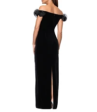 Xscape Velvet Off the Shoulder Ruffle Gown