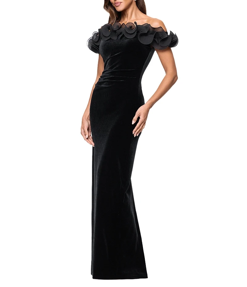 Xscape Velvet Off the Shoulder Ruffle Gown