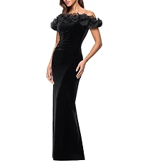 Xscape Velvet Off the Shoulder Ruffle Gown