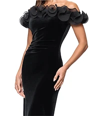 Xscape Velvet Off the Shoulder Ruffle Gown