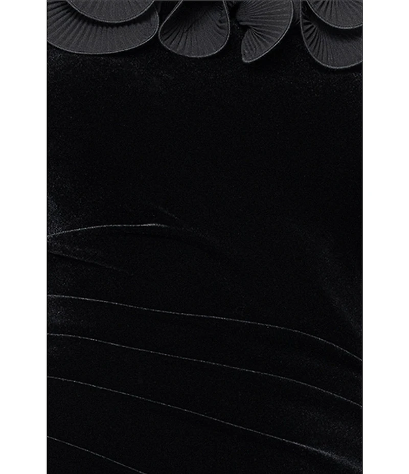 Xscape Velvet Off the Shoulder Ruffle Gown