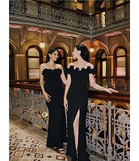 Xscape Velvet Off the Shoulder Ruffle Gown
