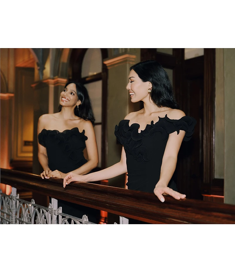 Xscape Velvet Off the Shoulder Ruffle Gown