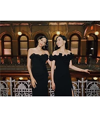 Xscape Velvet Off the Shoulder Ruffle Gown