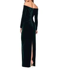 Xscape Velvet Off The Shoulder Split Neck Long Sleeve Pleated Front Gathered Back Gown