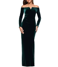 Xscape Velvet Off The Shoulder Split Neck Long Sleeve Pleated Front Gathered Back Gown