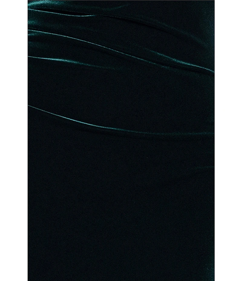 Xscape Velvet Off The Shoulder Split Neck Long Sleeve Pleated Front Gathered Back Gown