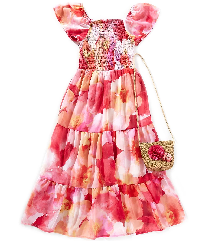 Xtraordinary Big Girls Floral Printed Tiered Skirt With Matching Purse Maxi Dress