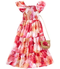 Xtraordinary Big Girls Floral Printed Tiered Skirt With Matching Purse Maxi Dress