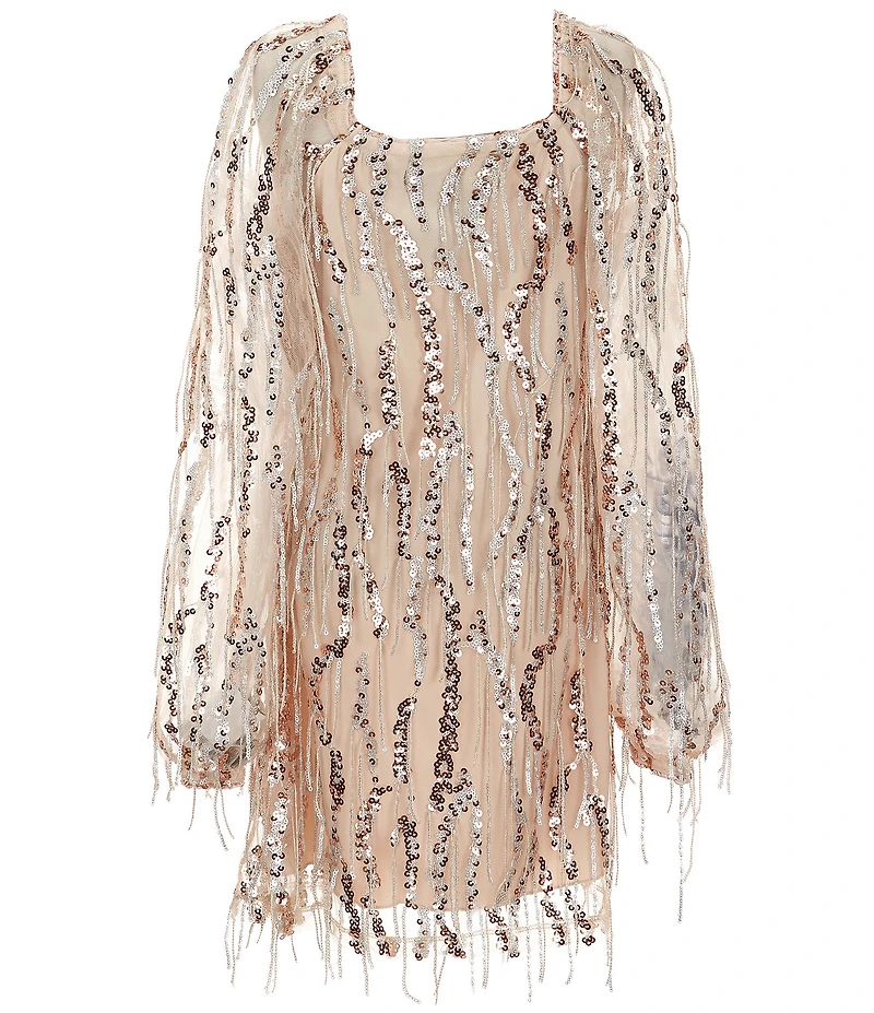 Xtraordinary Big Girls Long-Sleeve Sequin-Embellished Fringe-Accented Sheath Dress