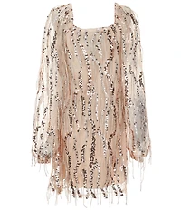 Xtraordinary Big Girls Long-Sleeve Sequin-Embellished Fringe-Accented Sheath Dress