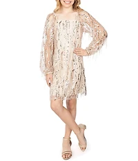 Xtraordinary Big Girls Long-Sleeve Sequin-Embellished Fringe-Accented Sheath Dress