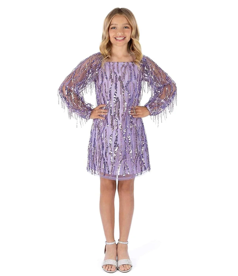 Xtraordinary Big Girls Long-Sleeve Sequin-Embellished Fringe-Accented Sheath Dress