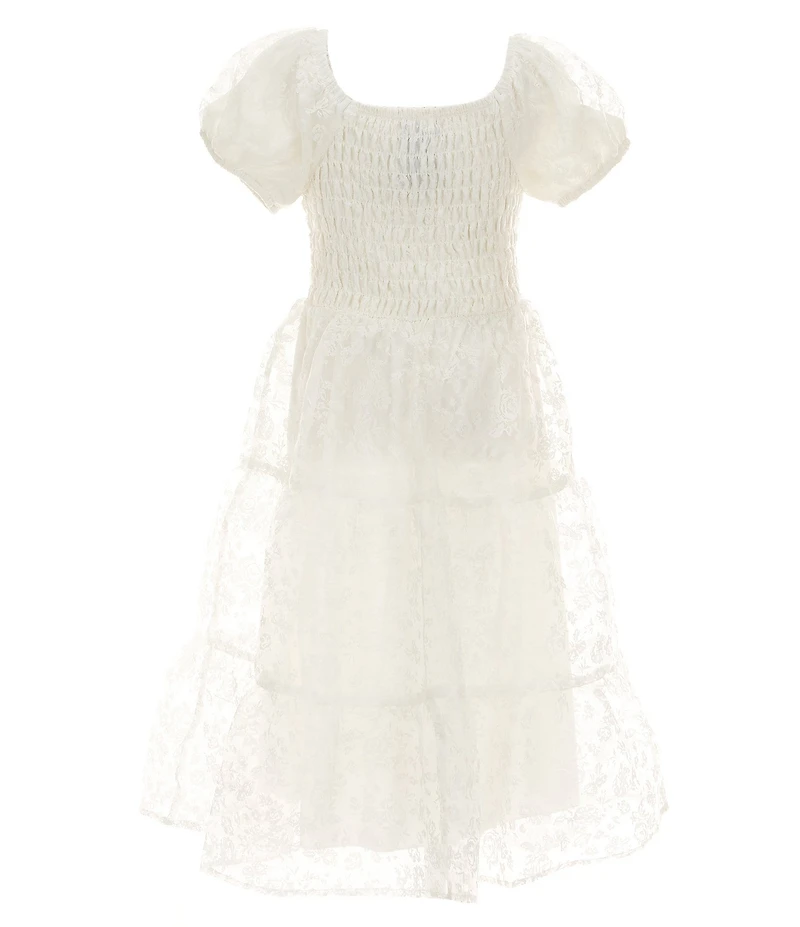 Xtraordinary Big Girls Puffed-Sleeve Floral/Clip-Dotted Organza Midi Dress