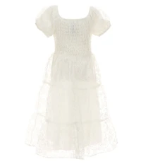 Xtraordinary Big Girls Puffed-Sleeve Floral/Clip-Dotted Organza Midi Dress