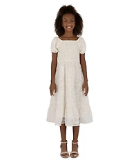 Xtraordinary Big Girls Puffed-Sleeve Floral/Clip-Dotted Organza Midi Dress