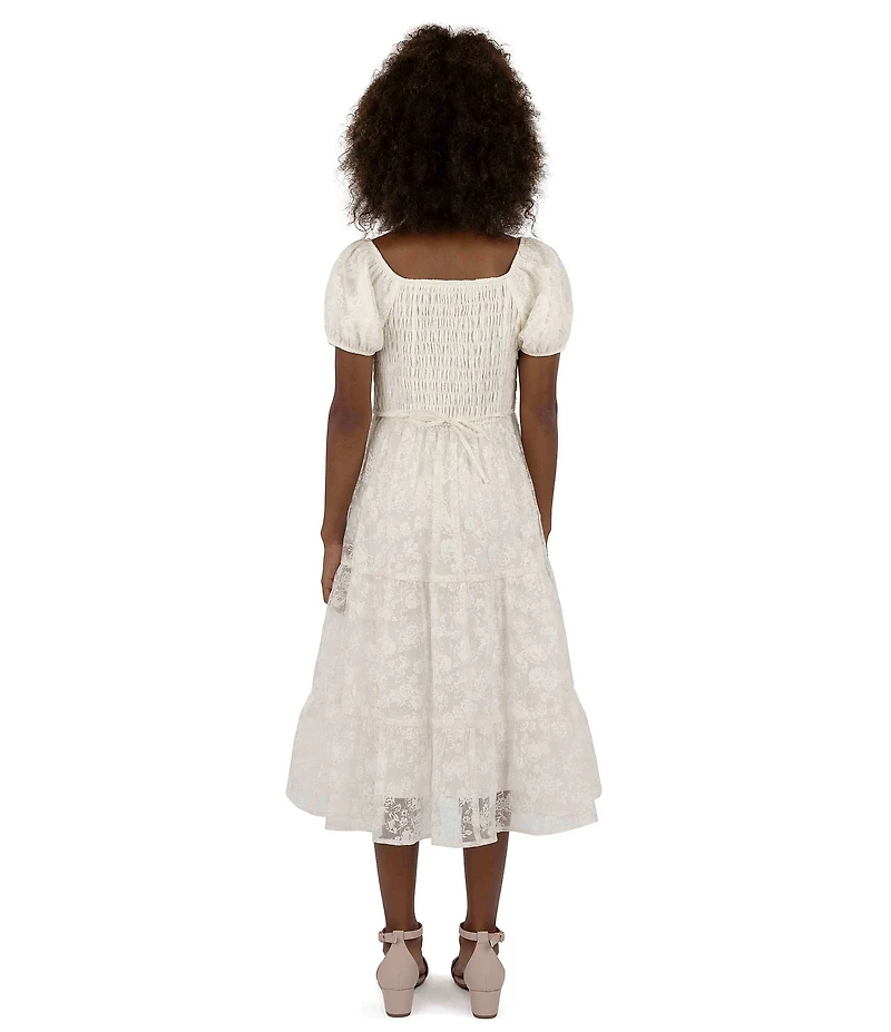 Xtraordinary Big Girls Puffed-Sleeve Floral/Clip-Dotted Organza Midi Dress