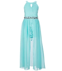 Xtraordinary Big Girls Sleeveless Cut-Out Jeweled Waist Chiffon Walk-Through Glitter Lace Romper