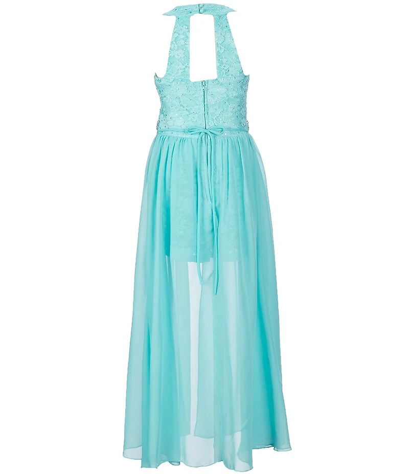 Xtraordinary Big Girls Sleeveless Cut-Out Jeweled Waist Chiffon Walk-Through Glitter Lace Romper