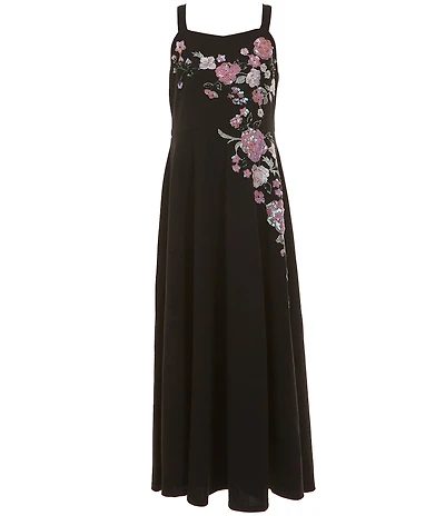 Xtraordinary Big Girls Sleeveless Rose-Embroidered-Applique Scuba Crepe Long Dress