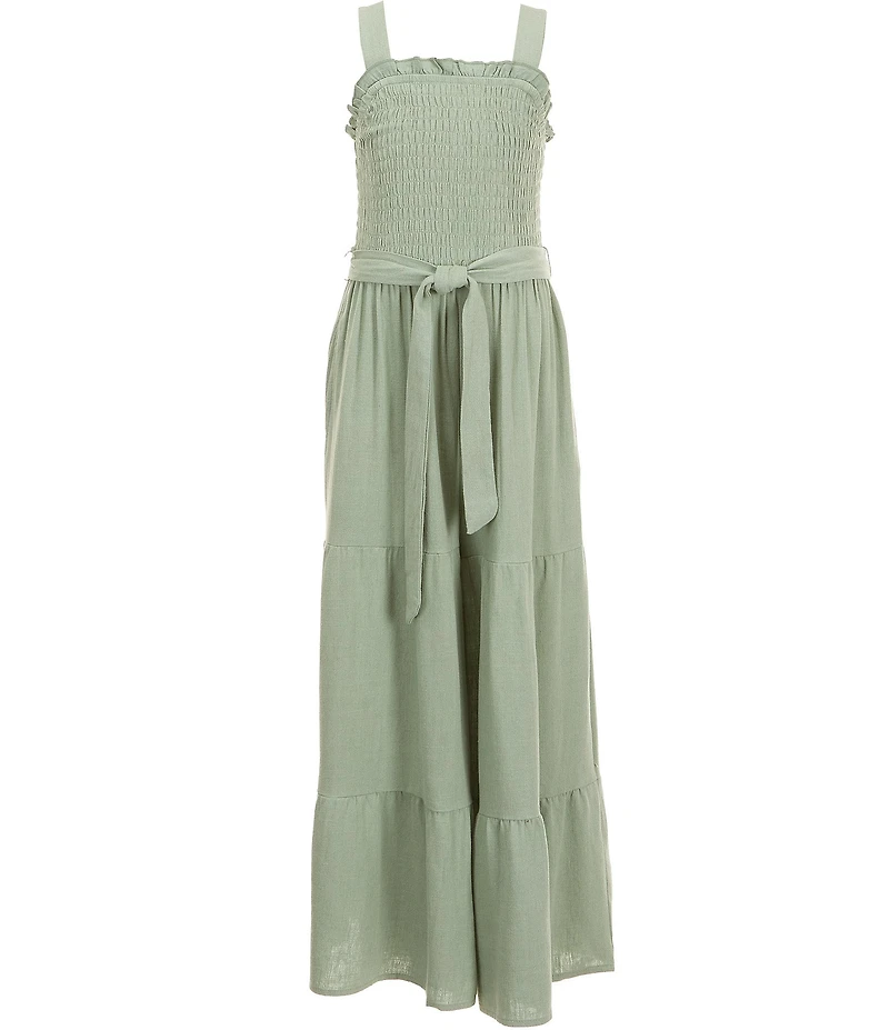 Xtraordinary Big Girls Sleeveless Waist Tie Tiered Linen Blend Jumpsuit