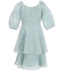 Xtraordinary Big Girls Elbow Sleeve Patterned Jacquard Tired Mini Dress