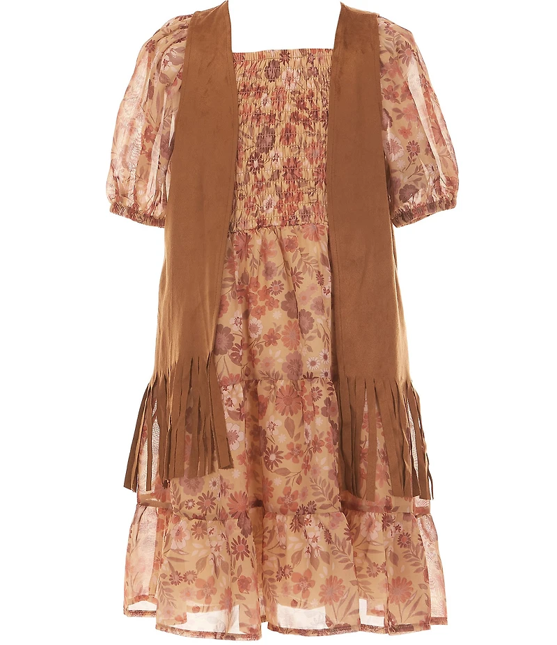 Xtraordinary Big Girls Faux-Suede Fringed-Trimmed Vest & Puffed-Sleeve Floral-Printed Chiffon Fit-And-Flare Dress