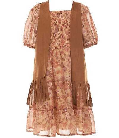 Xtraordinary Big Girls Faux-Suede Fringed-Trimmed Vest & Puffed-Sleeve Floral-Printed Chiffon Fit-And-Flare Dress