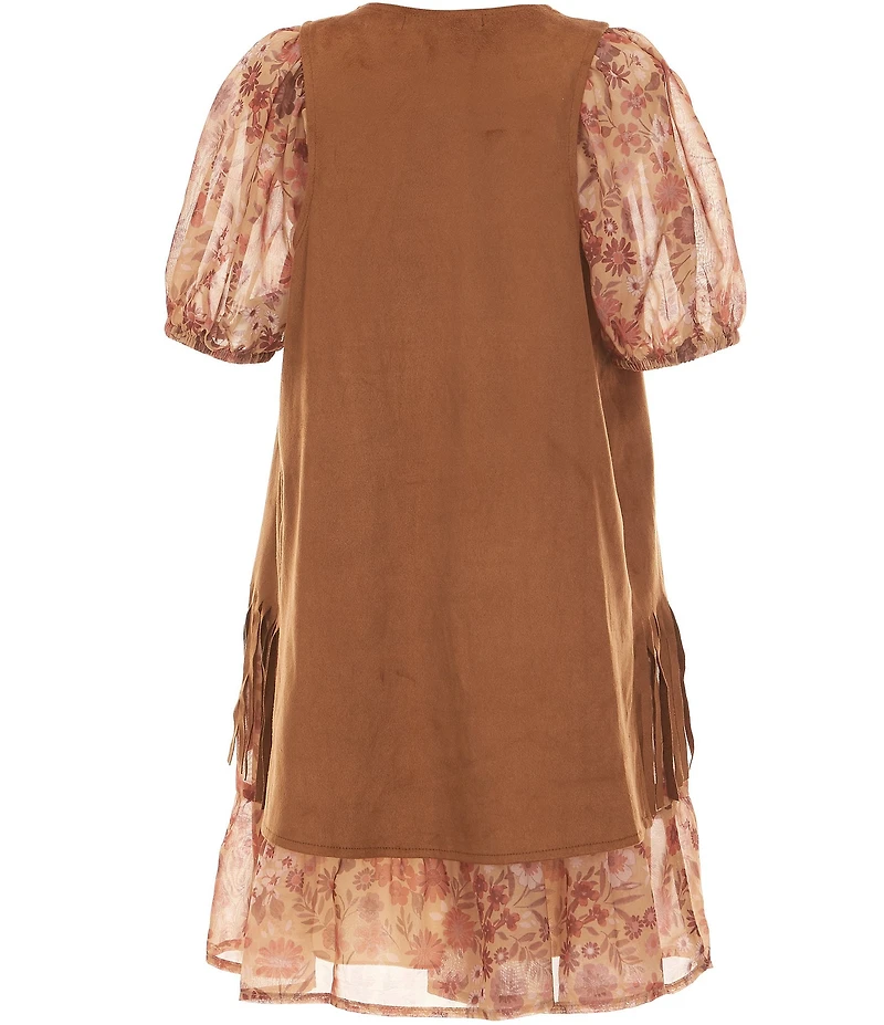 Xtraordinary Big Girls Faux-Suede Fringed-Trimmed Vest & Puffed-Sleeve Floral-Printed Chiffon Fit-And-Flare Dress