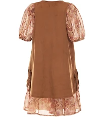 Xtraordinary Big Girls Faux-Suede Fringed-Trimmed Vest & Puffed-Sleeve Floral-Printed Chiffon Fit-And-Flare Dress
