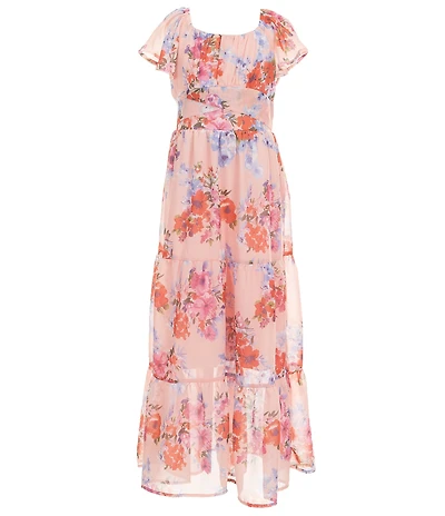 Xtraordinary Big Girls Flutter Sleeve Floral Printed Chiffon Maxi Dress