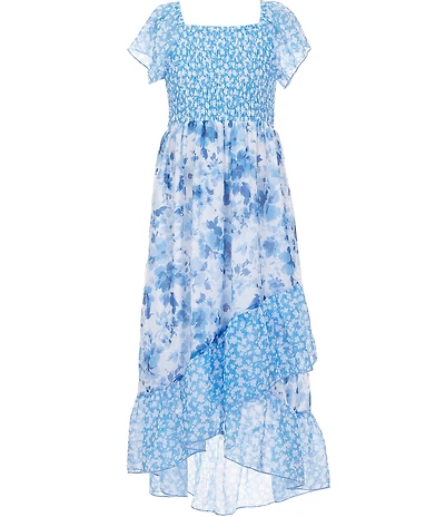 Xtraordinary Big Girls Flutter Sleeve Smocked Bodice Contrast Floral Print Faux Wrap Midi Dress