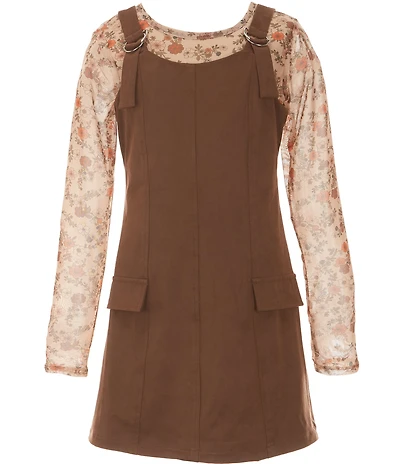 Xtraordinary Big Girls Long Sleeve Floral Mesh Top & Suede Dress Set