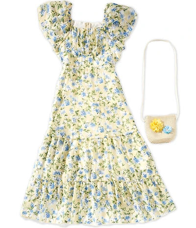 Xtraordinary Big Girls Flutter Sleeve Tiered Floral Maxi Dress and Embellished Purse