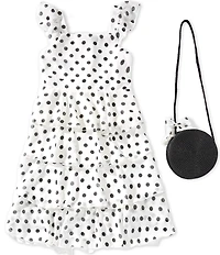 Xtraordinary Big Girls Flutter Sleeve Polka-dot Midi Tiered Dress With Purse