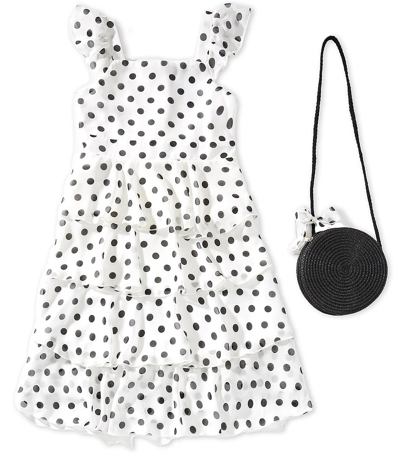 Xtraordinary Big Girls Flutter Sleeve Polka Dot Midi Tiered Dress With Purse