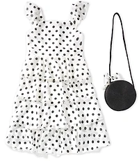 Xtraordinary Big Girls Flutter Sleeve Polka Dot Midi Tiered Dress With Purse