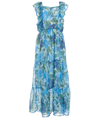 Xtraordinary Big Girls Sleeveless Floral Printed Chiffon Ruffle Maxi Dress