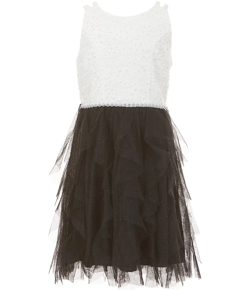 Xtraordinary Big Girls Sleeveless Glitter Accented Lace Mesh Dress