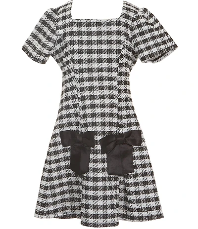 Xtraordinary Big Girls Square Neck Short Sleeve Houndstooth Bow Dress