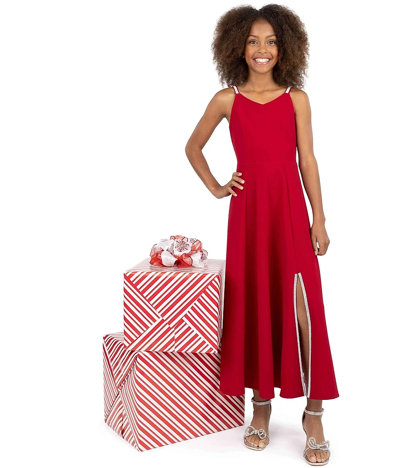 Xtraordinary Big Girls V-Neckline Sleeveless Rhinestone Scuba Crepe Long Slip Dress