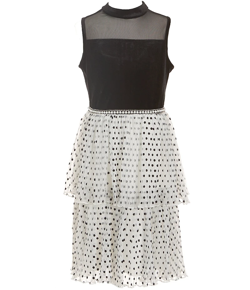 Xtraordinary Big Girls Velvet Mock Neck Sleeveless Polka Dot Tiered Dress