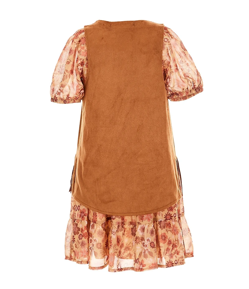 Xtraordinary Little Girls Floral Dress With Fringe Vest 2-Piece Set